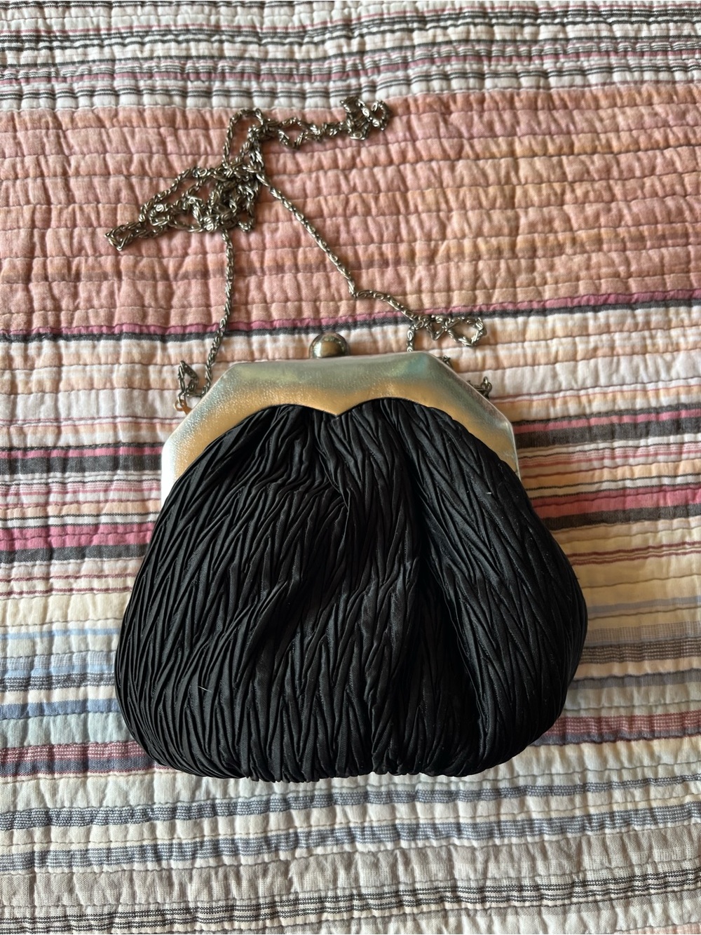 Black Ruched Satin Evening Bag Convertible Chain Clutch Purse